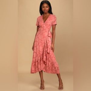 Lulus Pink Floral Jacquard Wrap Dress, Size S